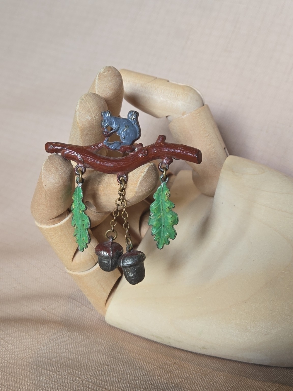 Vintage Squirrel Branch Brooch Pin with Acorn Dangles & Enamel Leaves